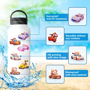 Detail showing waterproof vinyl race car stickers on a water bottle with key features