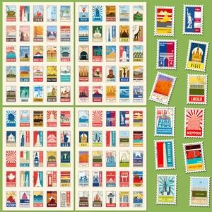 Vintage stamp stickers with world travel landmarks like Eiffel Tower and Great Wall