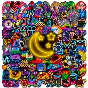 Neon cartoon PVC sticker set featuring retro tapes, UFOs, and animals on white background