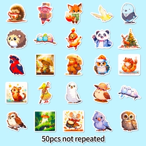 50 pieces of non-repeating cute cartoon animal stickers featuring owls, bears and foxes