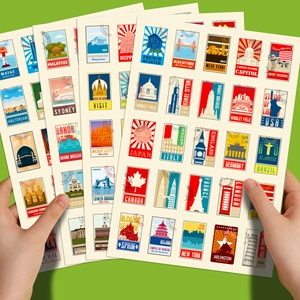 Set of 4 sheets vintage travel stamp stickers featuring iconic global landmarks and world cities