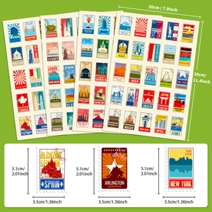 Detail view of 4 sheets vintage travel stamp stickers featuring global landmarks, 20x29cm