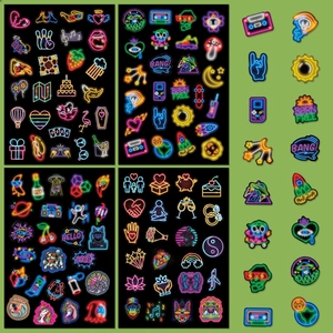 Neon cartoon sticker set with 100 designs featuring vibrant food and space elements