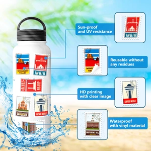 Waterproof vinyl travel stickers showing vintage landmarks in a dynamic water splash setting