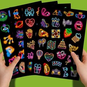 Neon cartoon stickers pack for kids featuring fruits and animals on 4 large waterproof sheets