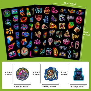 Detail showing 29x20cm neon cartoon sticker sheets and individual size measurements
