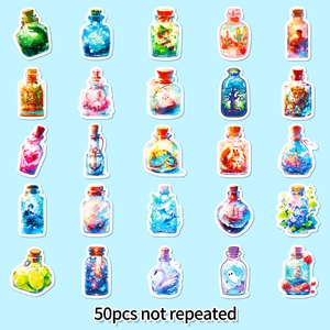 50pcs unique watercolor stickers featuring nature and animals inside glass bottles