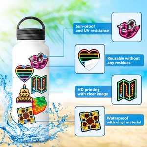 Waterproof vinyl neon stickers on water bottle showing UV resistance and residue-free reuse