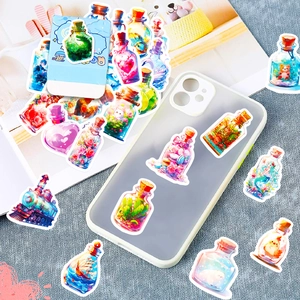 Detailed view of assorted hand-drawn floral and animal jar stickers on a phone case