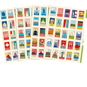 Vintage travel stamp stickers set featuring world landmarks for journaling decoration