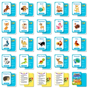 Educational animal cognition cards with vibrant cartoon illustrations for early English learning