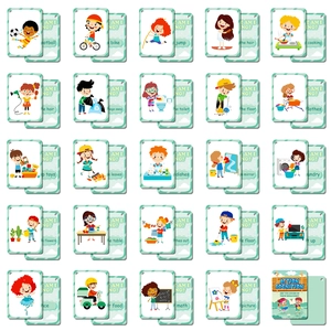 Set of 25 educational behavior cognition flashcards with cartoon illustrations for kids