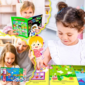 Kids using educational sticker books for concentration and cognitive skills training