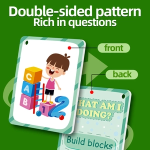 Macro view of double-sided educational cards showing front illustration and back interaction