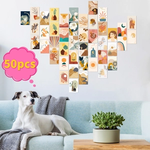 50-piece set of Boho wall collage art cards with abstract botanical and geometric prints