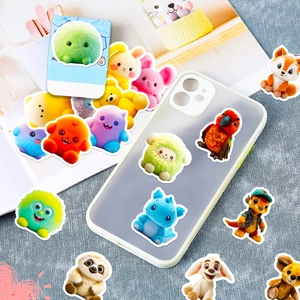 Close-up of 3D cartoon animal stickers with 3D texture on a clear smartphone case