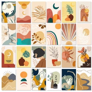 Boho wall decor card set with abstract landscapes and botanical patterns in warm tones