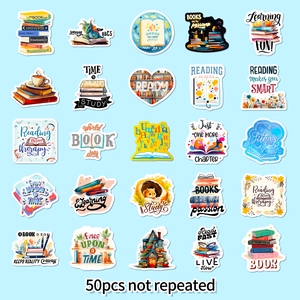 50pcs non-repeating reading themed stickers for laptops and journals set in blue background