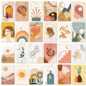 Set of 50 boho wall art cards with abstract botanical and celestial prints in earthy tones