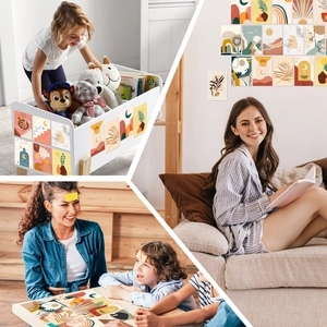 Detail showing various uses for Boho wall decor cards in living rooms and kid rooms