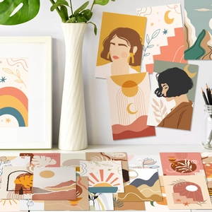 Detail of 50 Boho wall decor cards featuring abstract female portraits and landscapes