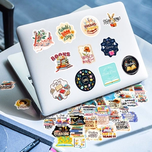 Detailed stickers for books and reading on laptops with vibrant hand-drawn illustrations