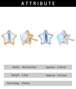 Macro detail of S925 sterling silver star earrings with iridescent moonstone plating