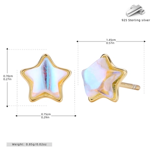 Detail view of S925 sterling silver star stud earrings with iridescent moonstone