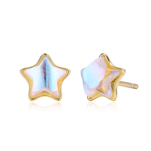 Detailed close-up of S925 silver star earrings featuring iridescent moonstone in gold frame