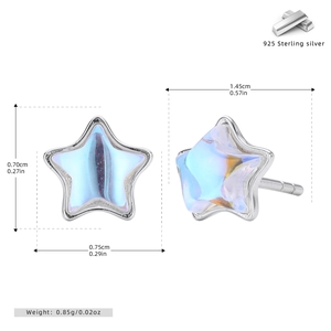 Detail view of S925 sterling silver star earrings with dimensions and moonstone inlay