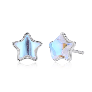 S925 sterling silver star stud earrings with iridescent moonstone and polished finish