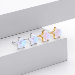 S925 sterling silver star stud earrings with iridescent moonstones in silver and gold