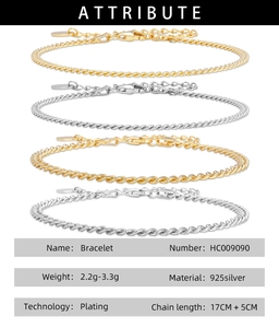 Detail of 925 silver Cuban link bracelets in gold and silver plating with length info