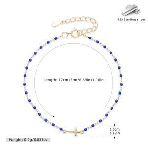 Détail du bracelet en argent S925 avec perles bleues et dimensions de la croix
