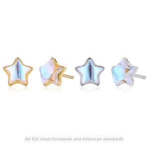 925 Sterling Silver Star Stud Earrings With Iridescent Synthetic Opal Moonstone Inlaid Gold Plated Minimalist Women Jewelry