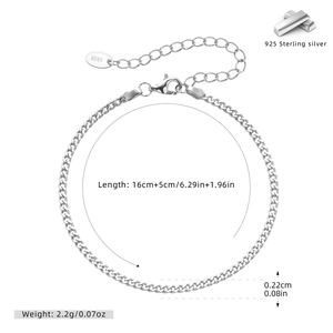 Detail view of S925 sterling silver curb chain bracelet with lobster clasp and 16cm length
