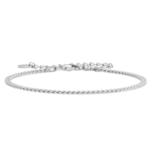 Close-up of S925 sterling silver curb chain bracelet with lobster clasp and round tag