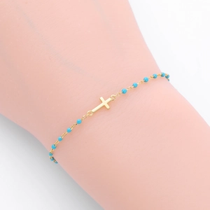 Bracelet élégant en argent S925 doré avec perles turquoise et pendentif croix