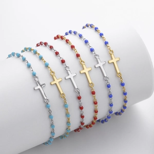 Bracelets à perles en argent S925 avec croix en émail coloré en doré et argenté