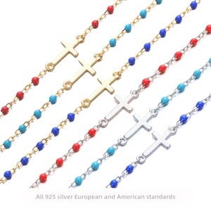 Bracelet Croix en Argent Sterling 925 pour Femme Minimaliste Perles Colorées Émail Plaqué Or Argent Bijoux Religieux Cadeau