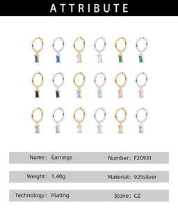 Detailed spec sheet for S925 silver hoop earrings with nine colors of CZ stones