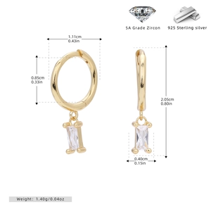 Detailed size and specs for gold hoop earrings with clear 5A zircon in 925 silver