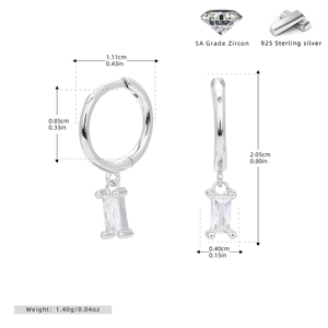 Detail of S925 sterling silver hoop earrings with rectangular 5A grade zircon pendant