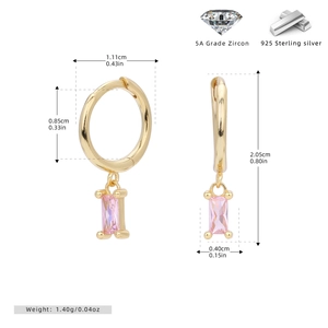 Detail view of gold S925 silver earrings with pink zircon pendant and size measurements