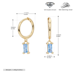 Detail showing dimensions of 925 sterling silver hoop earrings with blue zircon stones