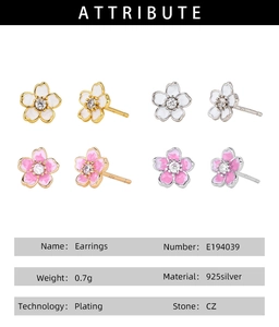 Détails des boucles d'oreilles fleur de cerisier en argent s925 et zircone CZ
