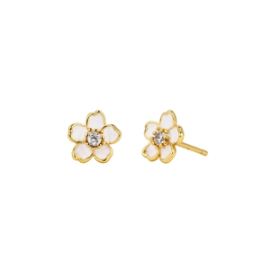 Boucles d'oreilles fleurs de cerisier en argent S925 plaqué or avec émail blanc et zircon