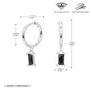 Detail view of S925 sterling silver hoop earrings with rectangular black zircon pendants