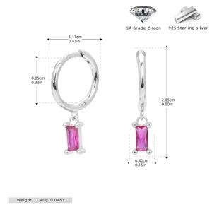 Detail view of S925 sterling silver hoop earrings with pink cubic zirconia measurements
