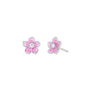 Détails macro des boucles d'oreilles cerisier en argent S925 avec émail rose et zircon